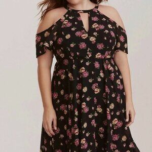 Torrid Dress Womens Plus Sz 18 Floral Chiffon Cold Shoulder V-Neck Black Purple